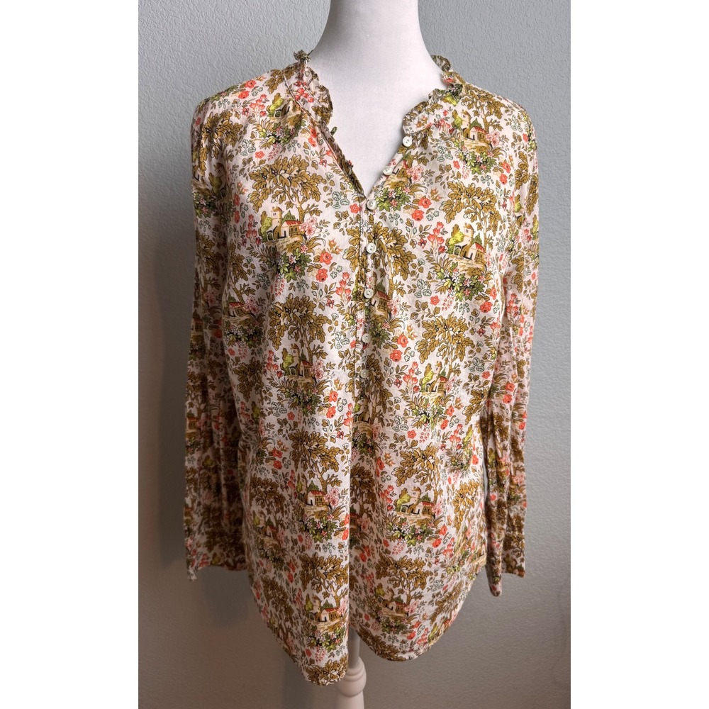 Talbots Tuscan Countryside Chateau Patterned‎ Ruffle Neck Blouse Top Large